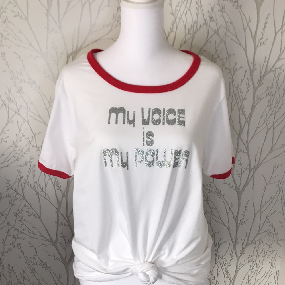 New Women’s “My Voice is My Power” Sparkle Ringer Tee